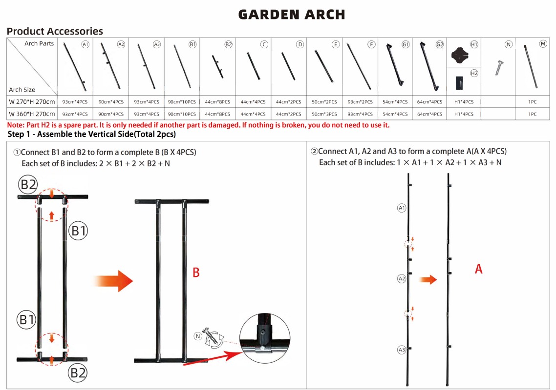 Garden arch parts list with quantities for the 270 cm and 360 cm wide arches, and step 1: joining B1 and B2 into upright B, and A1, A2 and A3 into upright A.