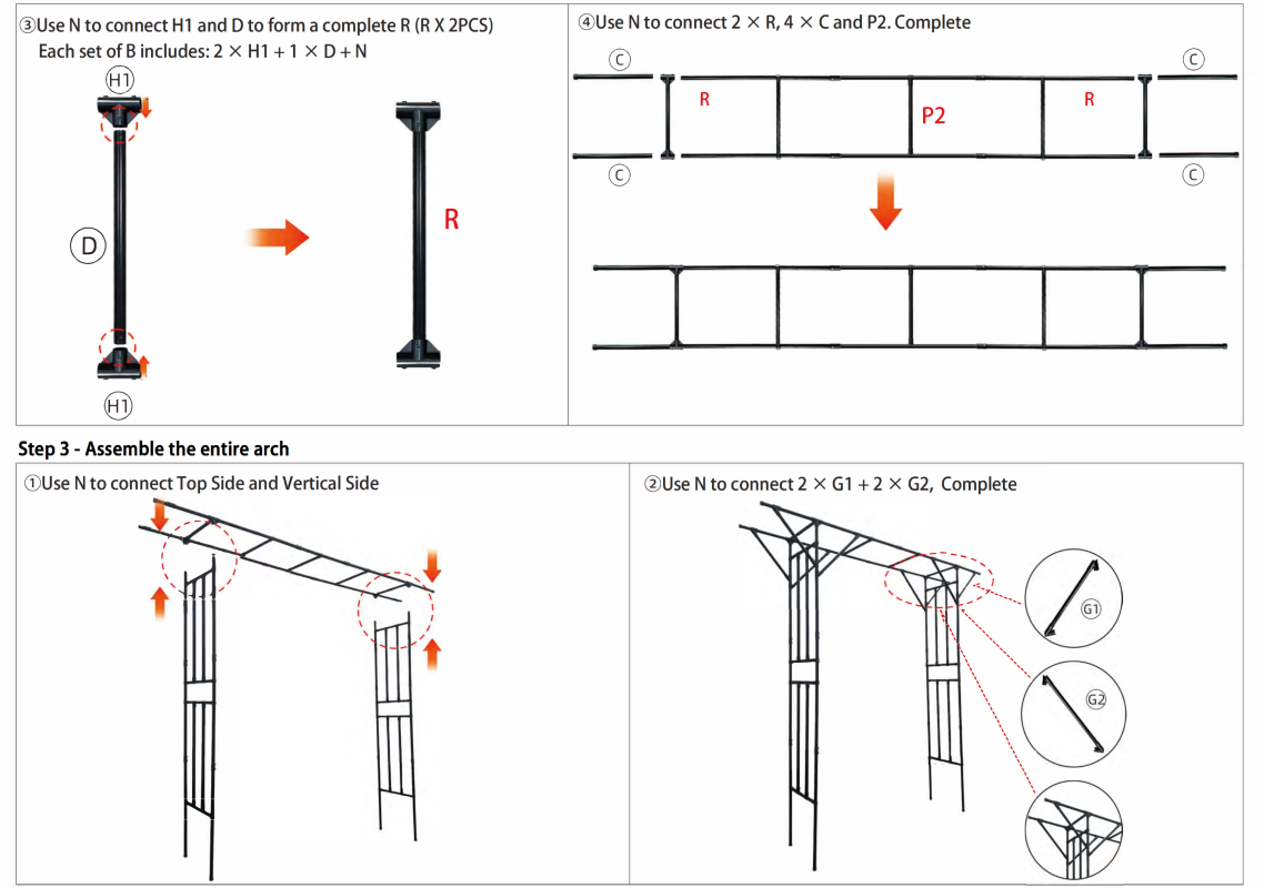Step 2 continued: joining H1 and D into post R and combining R, C and P2 into the finished top, then step 3: fitting the top onto the vertical sides and adding the G1 and G2 corner braces.