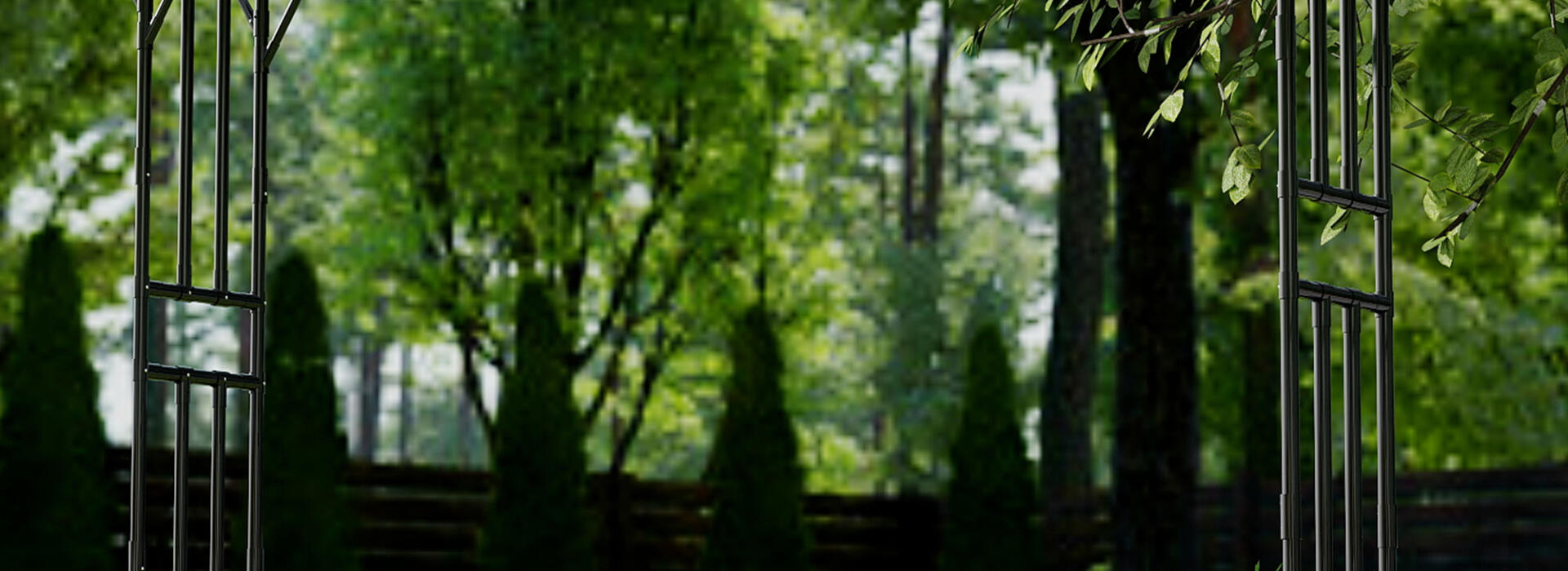 Black flat top garden arch over a path