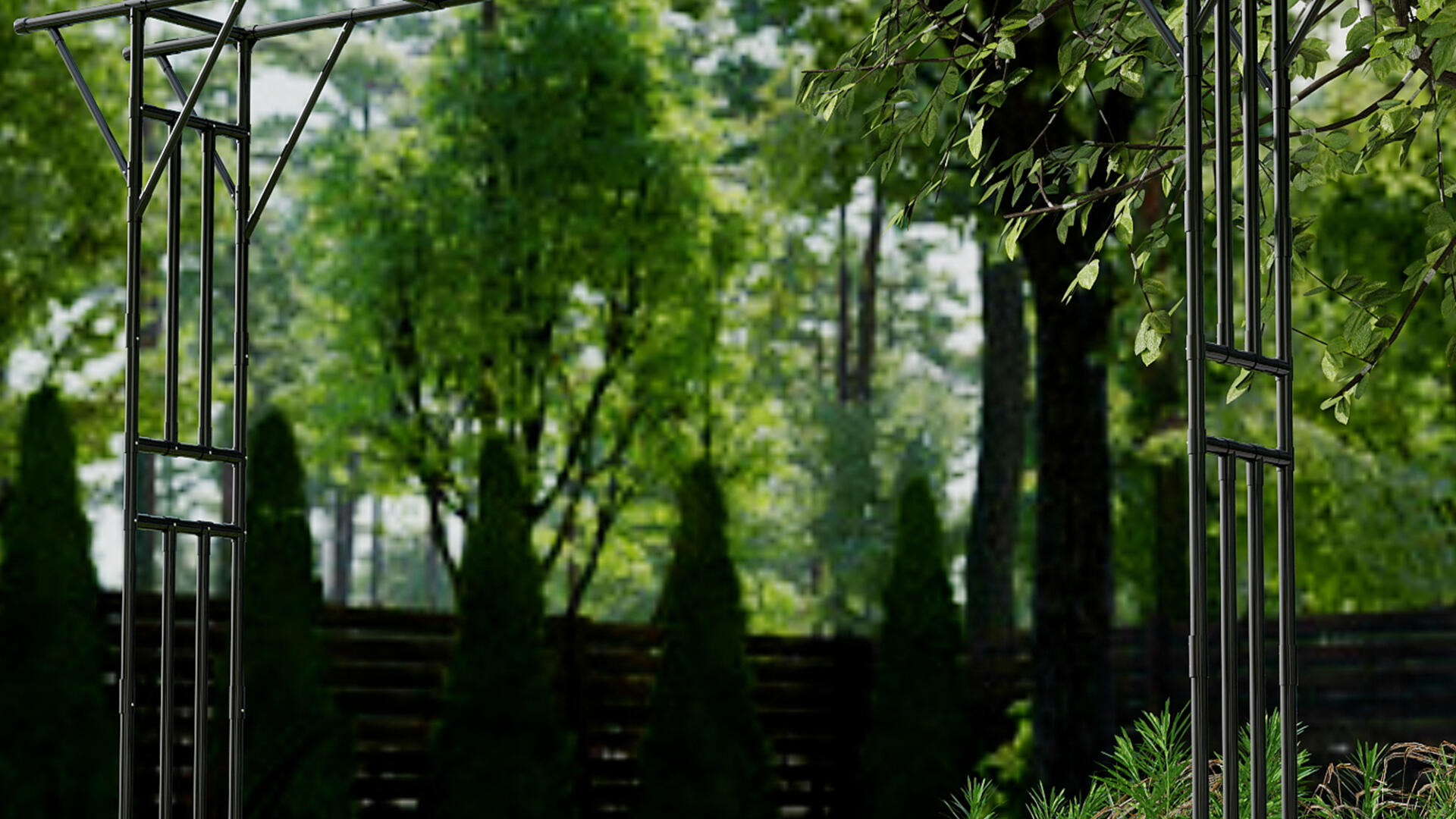 Black flat top garden arch over a lawn