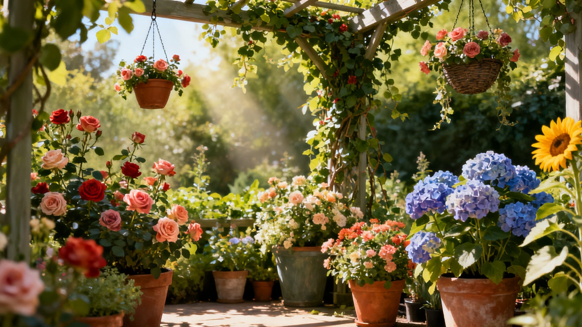 Sunlit garden with roses, hydrangeas and hanging baskets under a pergola