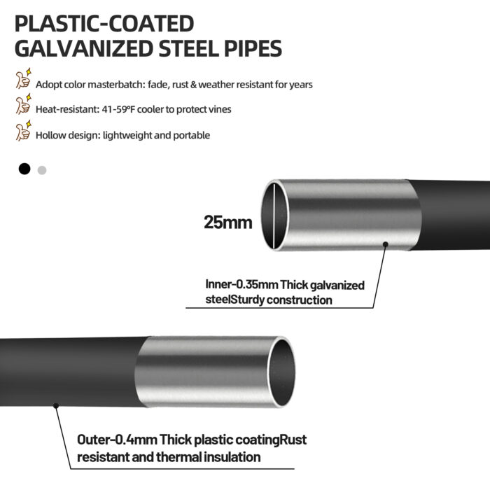 Close-up of PE-coated steel tubes and joints on flat top garden arch trellis