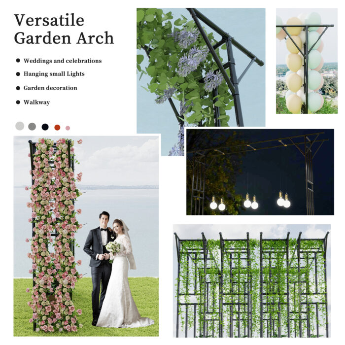 Flat top garden arch trellis shown in multiple garden settings, 11 ft x 9 ft PE-coated steel