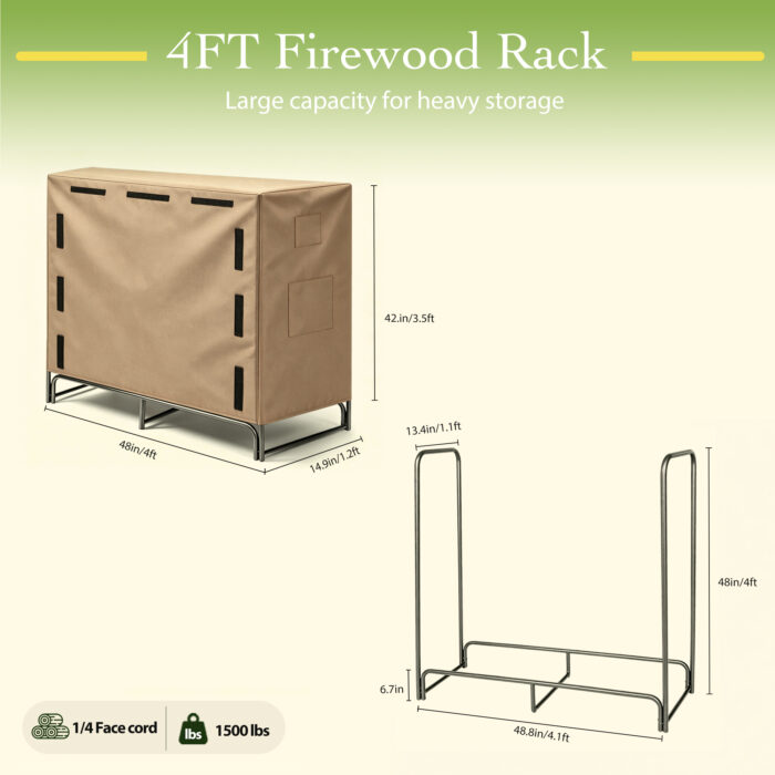 4FT firewood rack with cover dimensions diagram