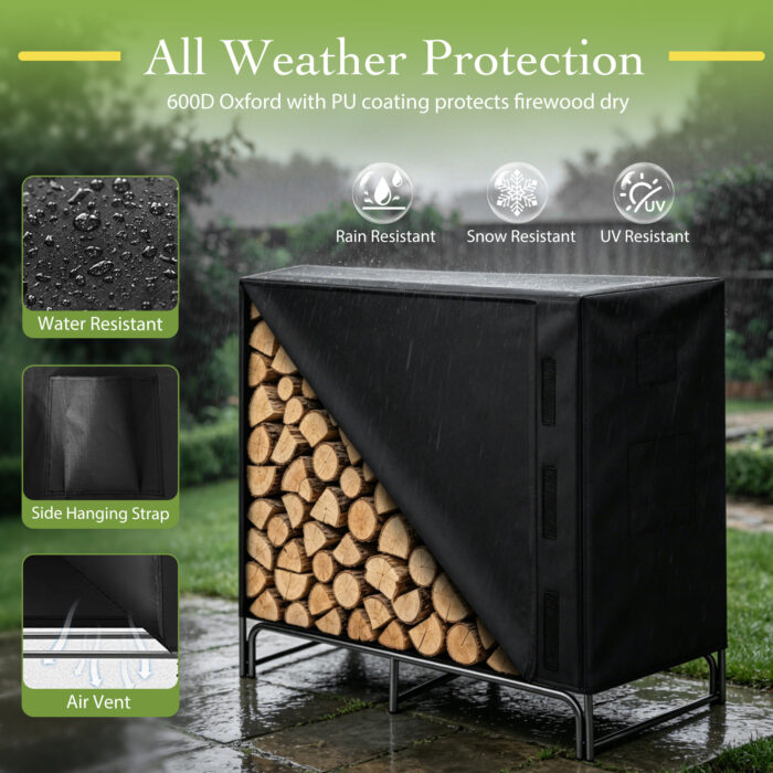Waterproof cover detail on a indoor outdoor firewood log holder storage set